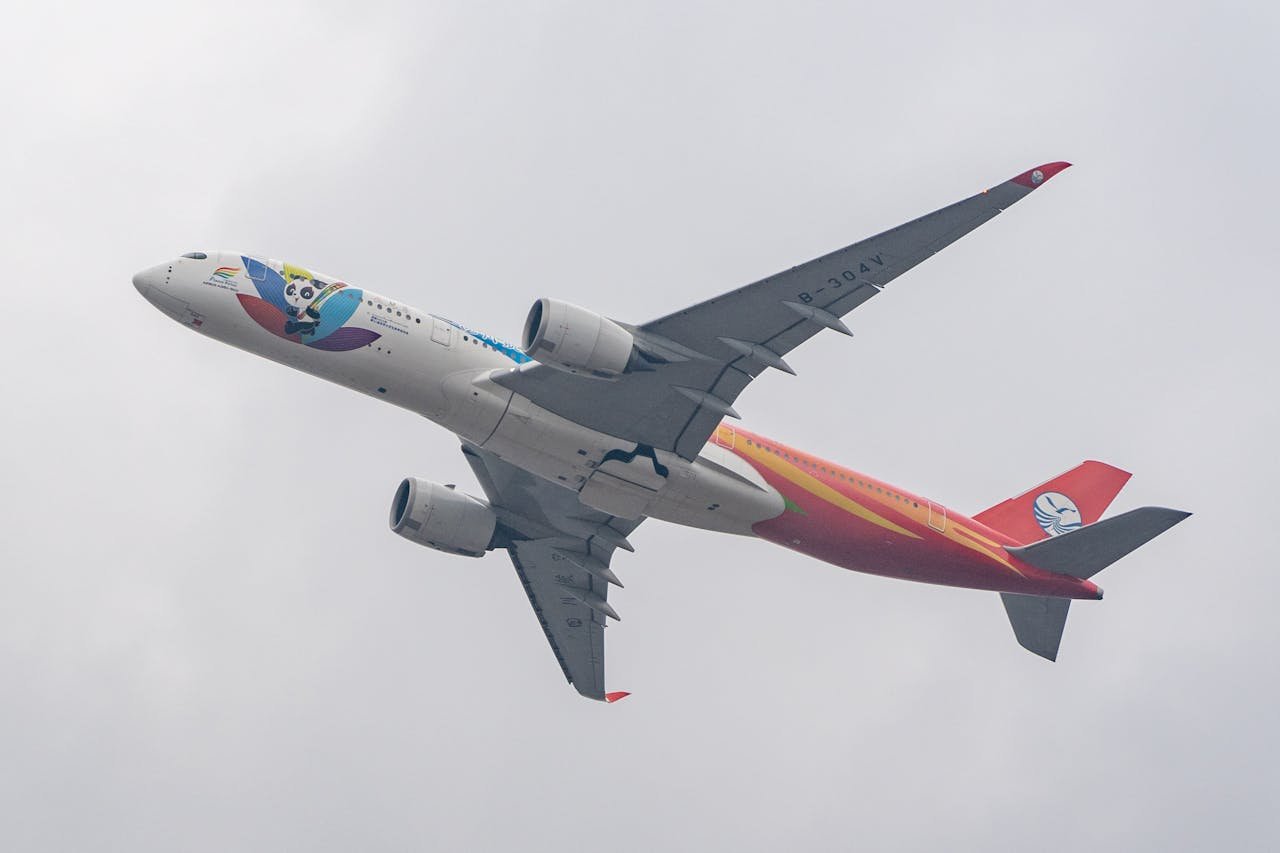 A vibrant passenger airplane featuring panda art, in-flight against a cloudy sky.